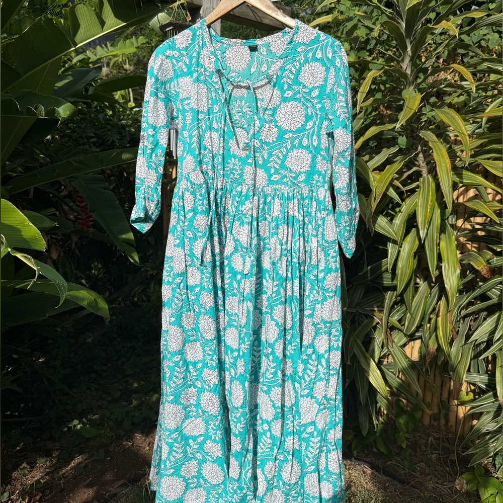 Daughters of India style floral turquoise and white block print midi dress